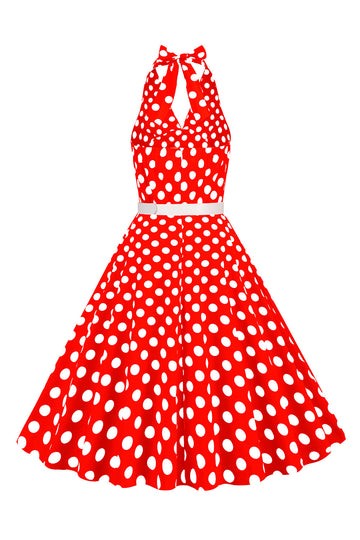 Hepburn Style Halter Neck Polka Dots Rød kjole fra 1950-tallet